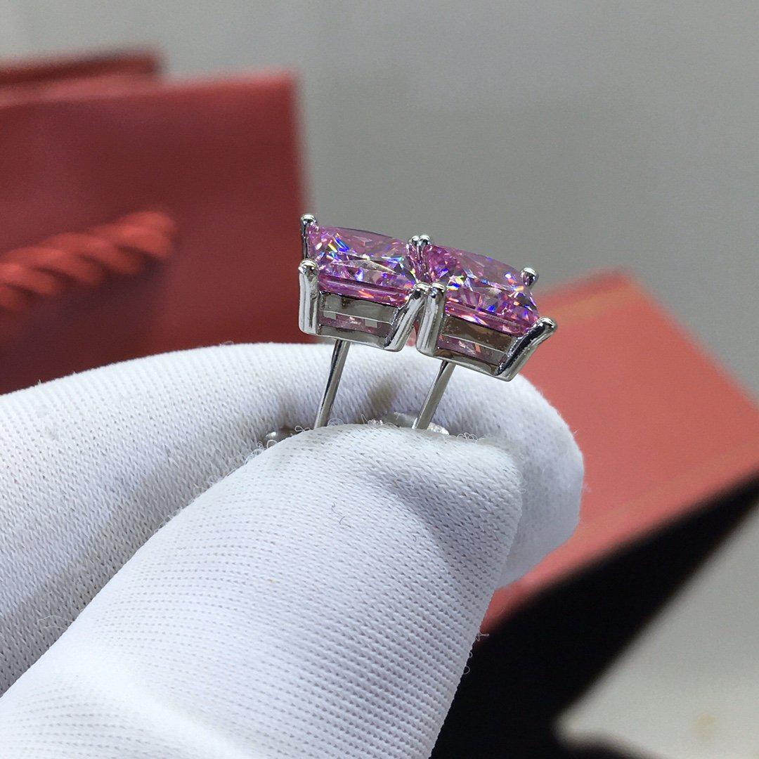 18k Gold Pink Princess Cut Moissanite Earring Studs