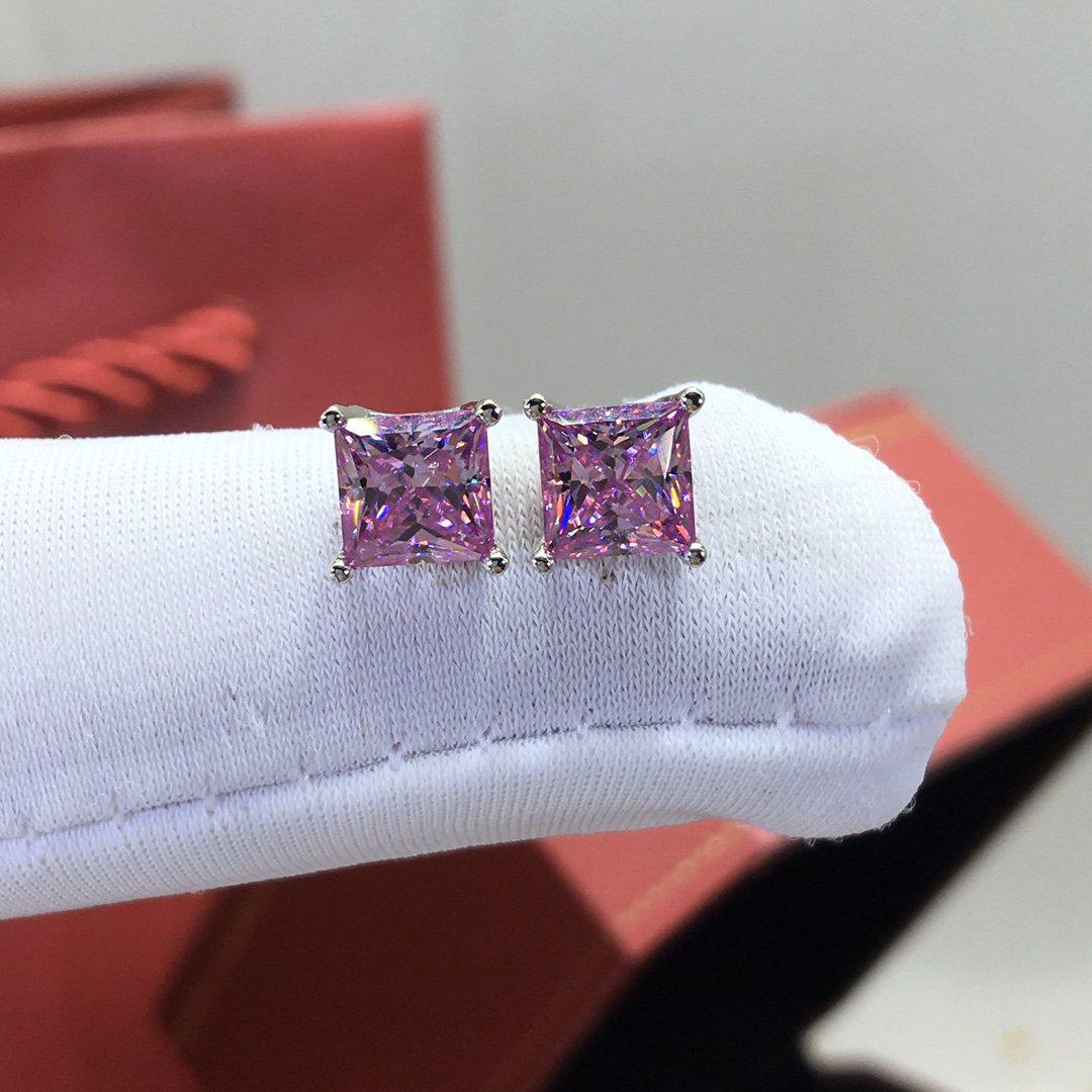 18k Gold Pink Princess Cut Moissanite Earring Studs