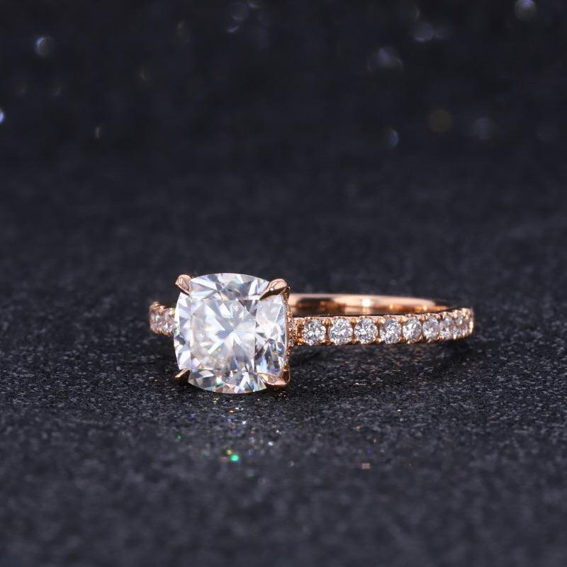 2ctw Cushion Cut Moissanite Hidden Halo Ring in 14k Solid Gold