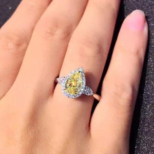 2ctw Yellow Moissanite Pear Cut Halo Engagement Ring 18k White Gold