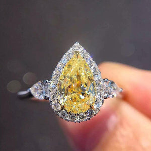 2ctw Yellow Moissanite Pear Cut Halo Engagement Ring 18k White Gold