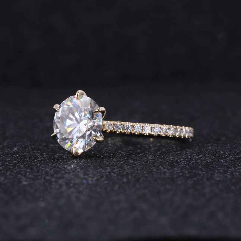 3ctw Round Cut Moissanite Ring - Micro Paved in 14k Solid Gold