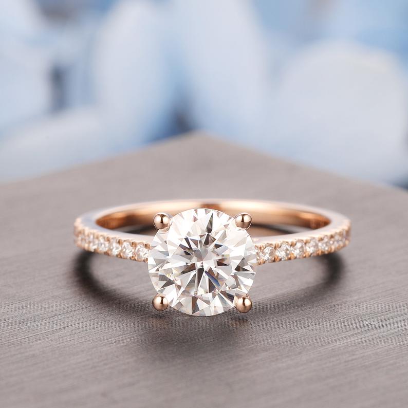 Moissanite Engagement Ring Round Cut 6.5mm 1ct D｜ 14k Rose Gold