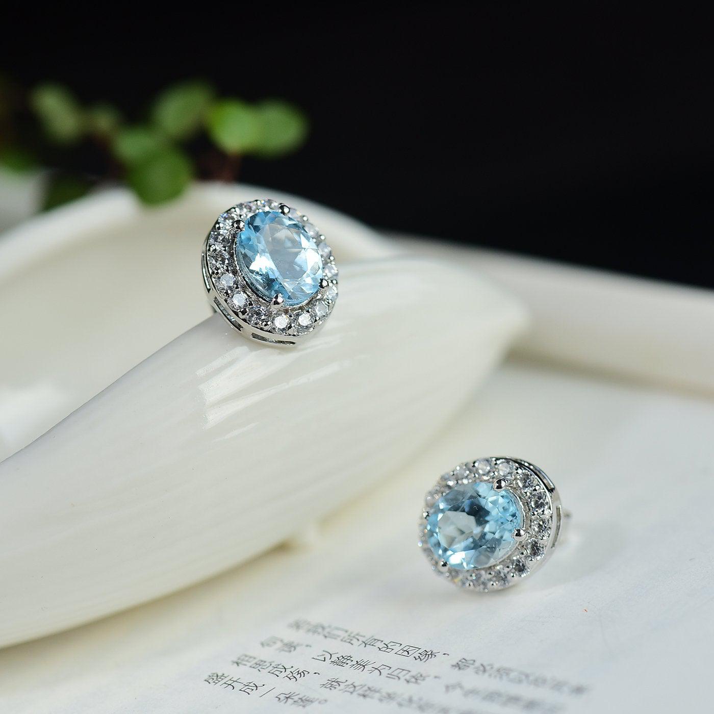 Blue Topaz Earring Studs | Oval Cut Blue Topaz Gemstone Stud | 3ct+3ct Blue Topaz Earring 4 Prong Anniversary Stud for Women | 925 Silver