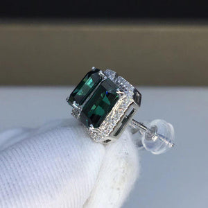 Emerald Cut Green Moissanite Earring Studs in White Gold