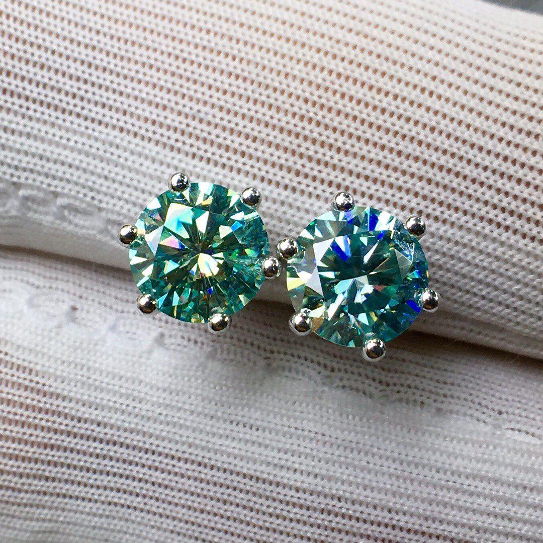 Round Cut Green Moissanite Earring Studs | 6 Prong