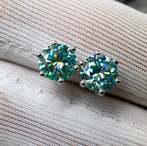 Round Cut Green Moissanite Earring Studs | 6 Prong