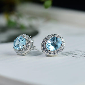 Blue Topaz Earring Studs | Oval Cut Blue Topaz Gemstone Stud | 3ct+3ct Blue Topaz Earring 4 Prong Anniversary Stud for Women | 925 Silver