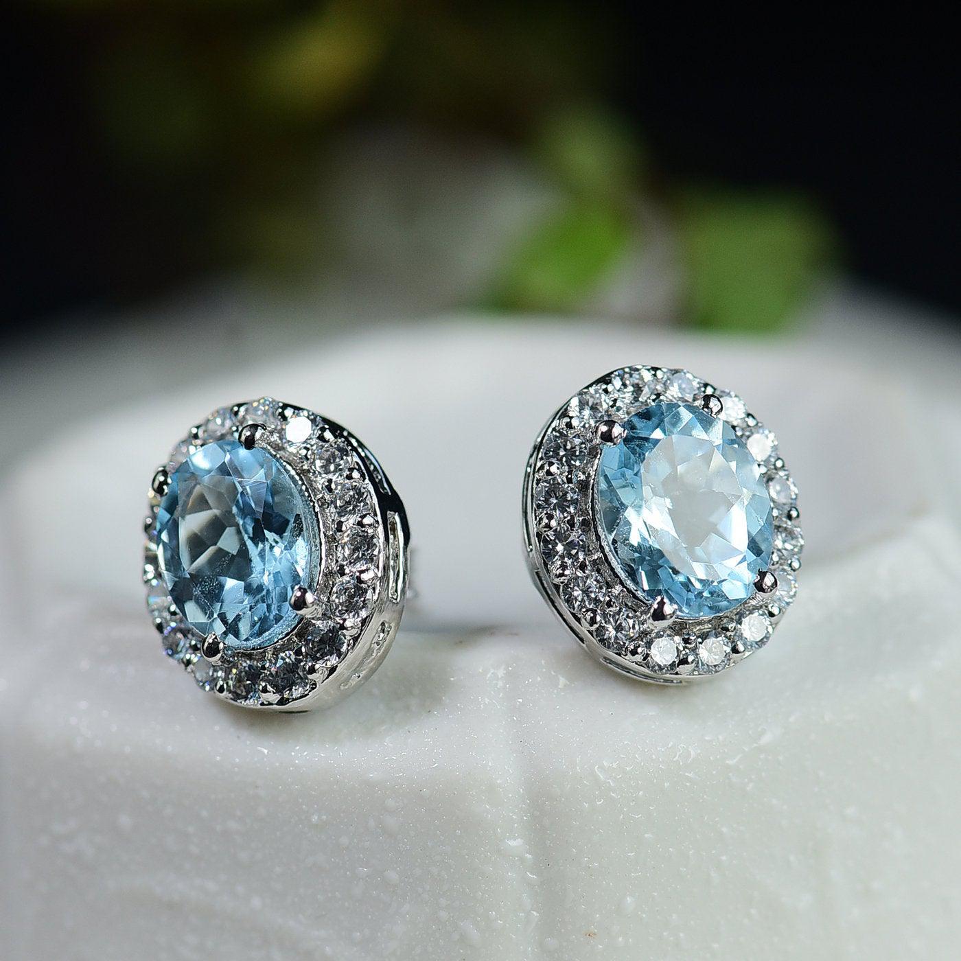 Blue Topaz Earring Studs | Oval Cut Blue Topaz Gemstone Stud | 3ct+3ct Blue Topaz Earring 4 Prong Anniversary Stud for Women | 925 Silver