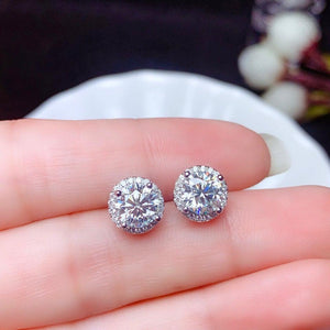 18k Moissanite Halo Earring Studs White Gold | Halo Round Cut Moissanite Studs | 1ct+1ct White Gold Moissanite Earring Studs | Certificate