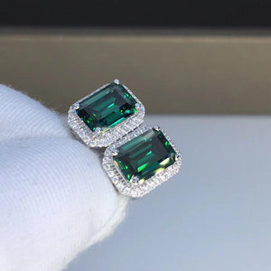 Emerald Cut Green Moissanite Earring Studs in White Gold