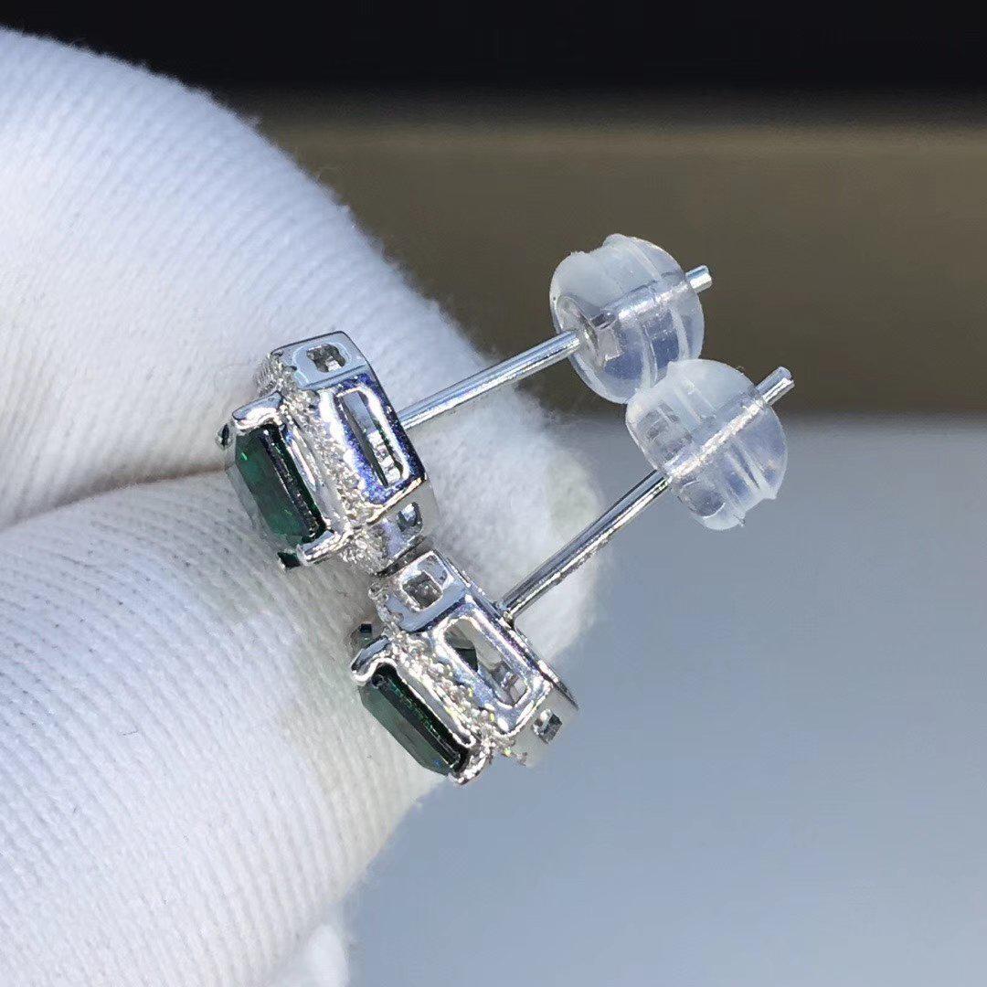 Emerald Cut Green Moissanite Earring Studs in White Gold