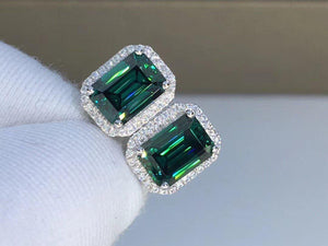 Emerald Cut Green Moissanite Earring Studs in White Gold