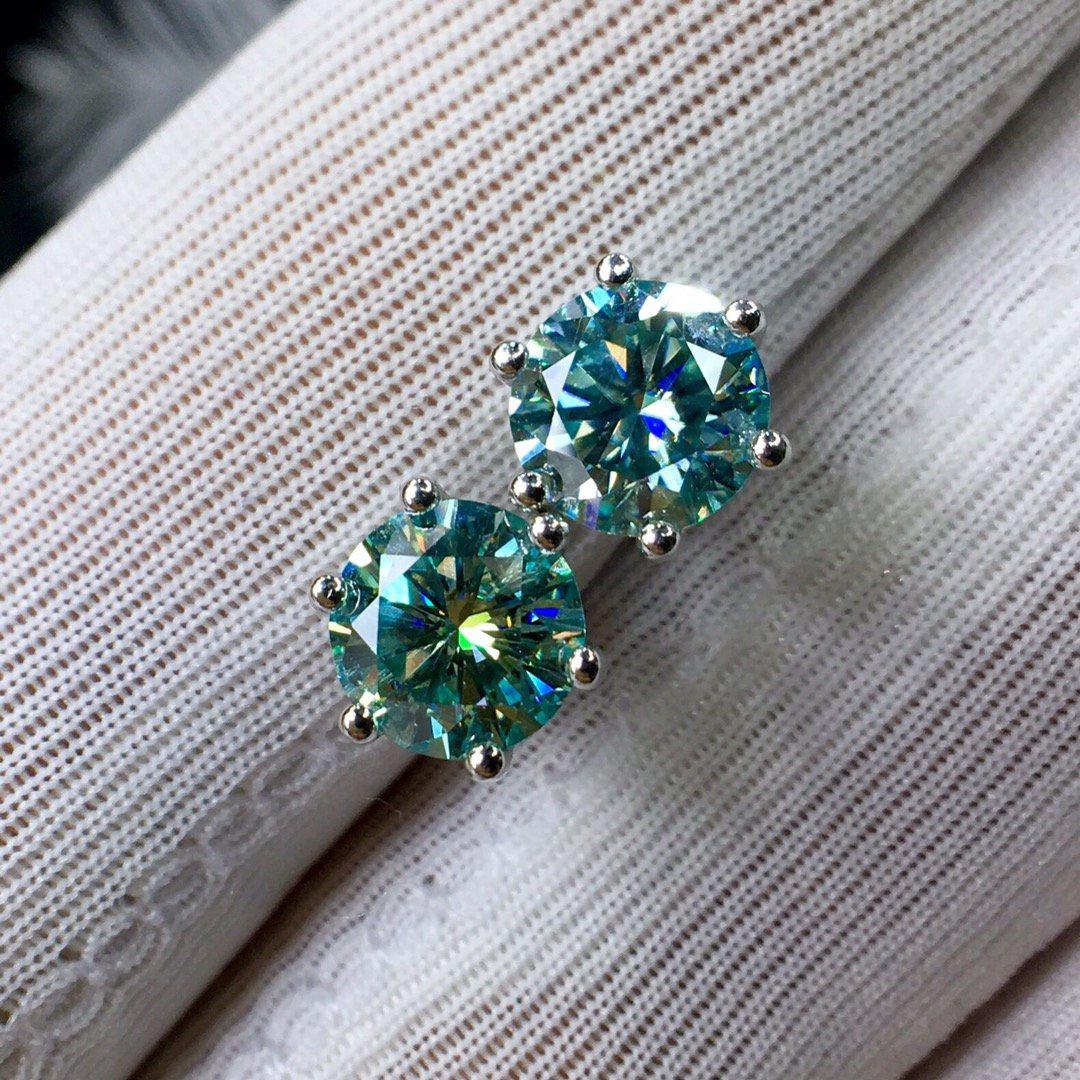 Round Cut Green Moissanite Earring Studs | 6 Prong