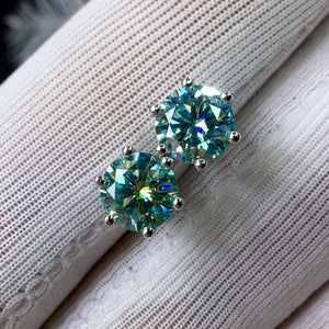 Round Cut Green Moissanite Earring Studs | 6 Prong