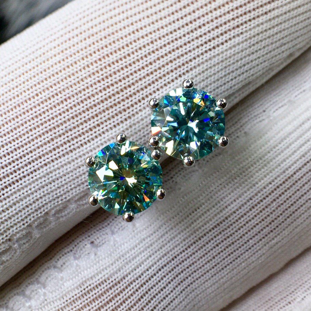 Round Cut Green Moissanite Earring Studs | 6 Prong