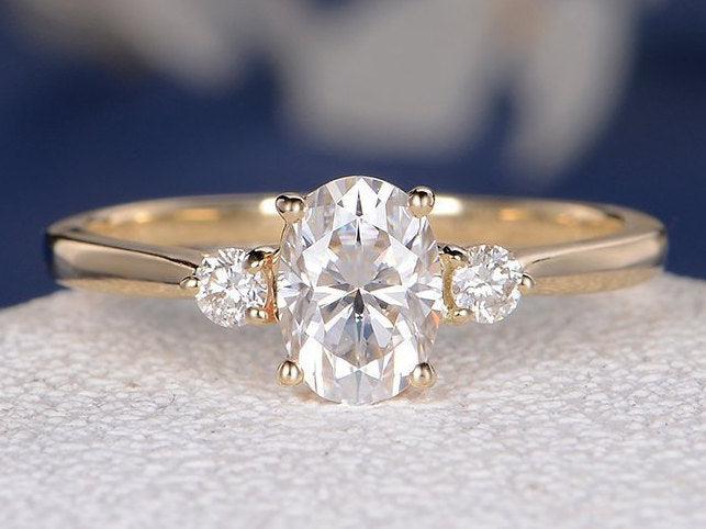 5x7mm Three Stone Oval Cut Moissanite Engagement Ring 14k Gold