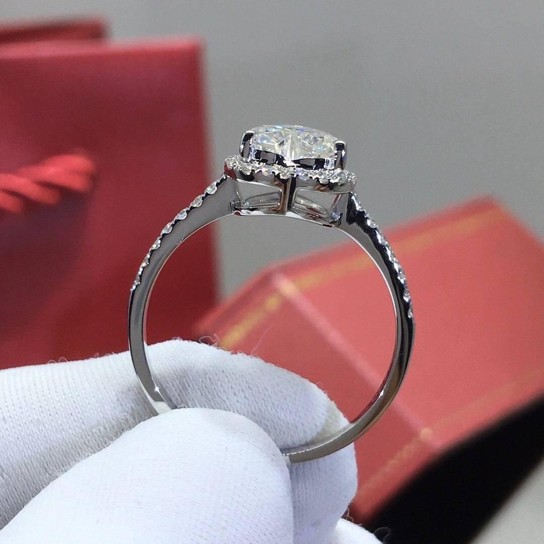 1ct Heart Cut Moissanite Engagement Ring with Halo | 18k White Gold or Silver Solitaire Ring | Heart shaped Moissanite Diamond Wedding Ring