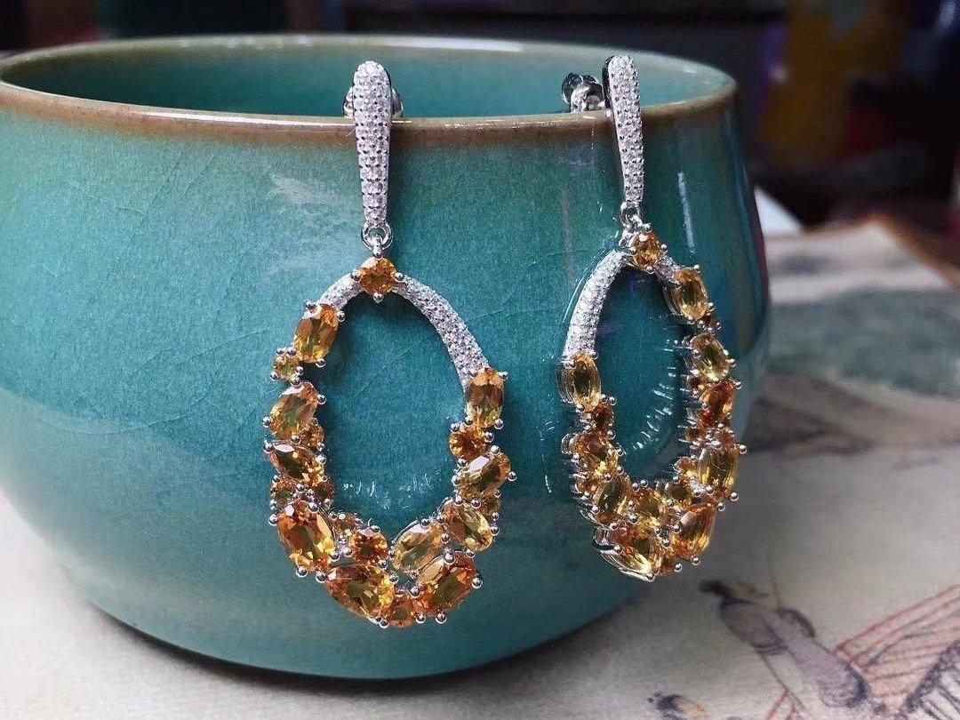 Real Citrine Dangle Drop Earrings |  Golden Citrine Gemstone Earrings | 5ct+5ct Citrine Anniversary Earrings for Women | 925 Silver