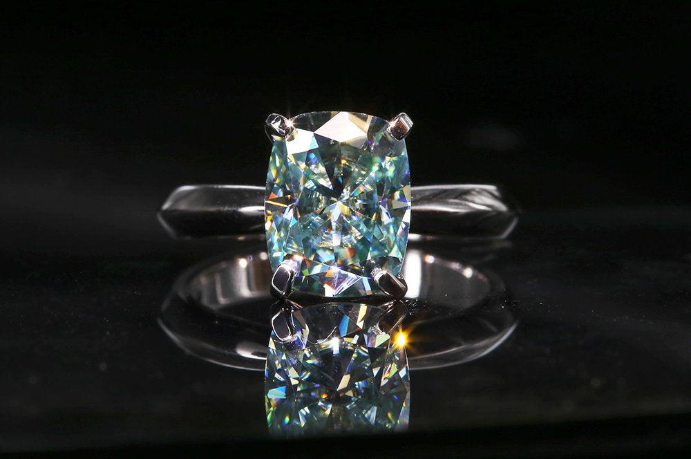 3ct Teal Green Cushion Cut Moissanite Engagement Ring 14k White Gold