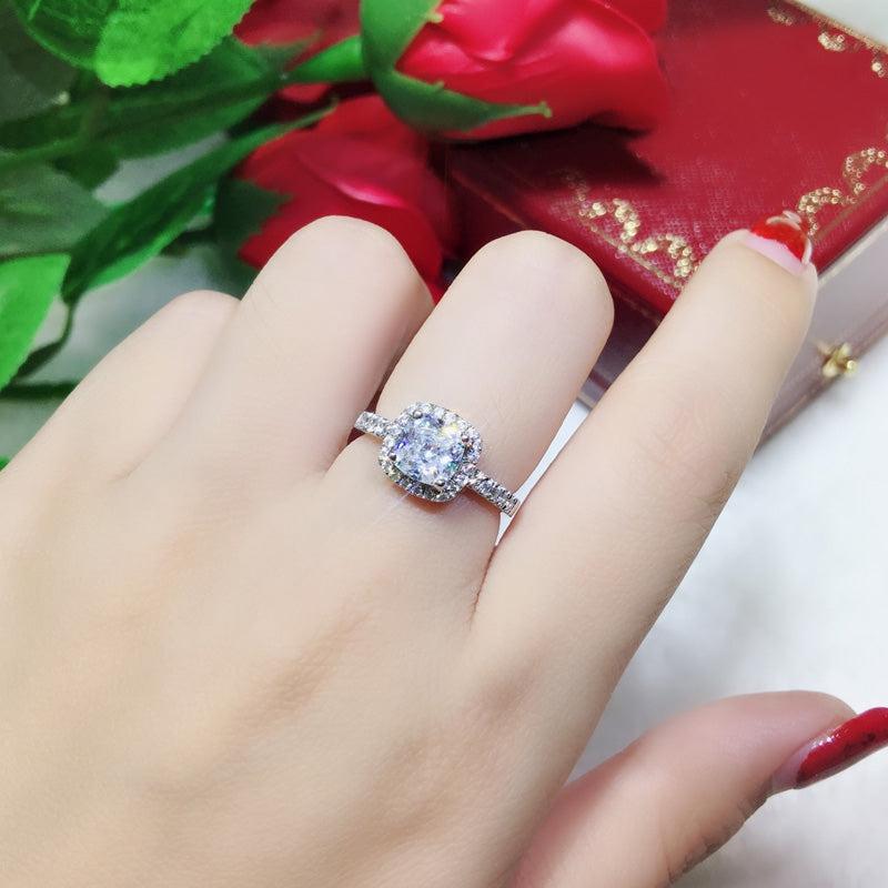 1ct Halo Princess Cut Moissanite Ring with Side Stones 925 Silver